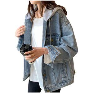 Women's Denim Jacket With Hood Oversized Distressed Jean Jackets Hoodie Blue